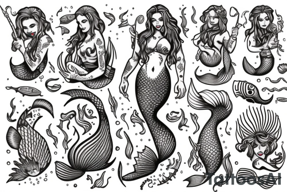 Mermaid with trident American traditional tattoo idea