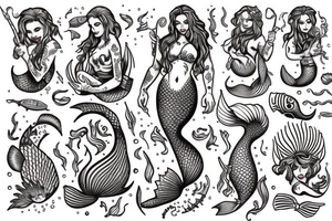 Mermaid with trident American traditional tattoo idea