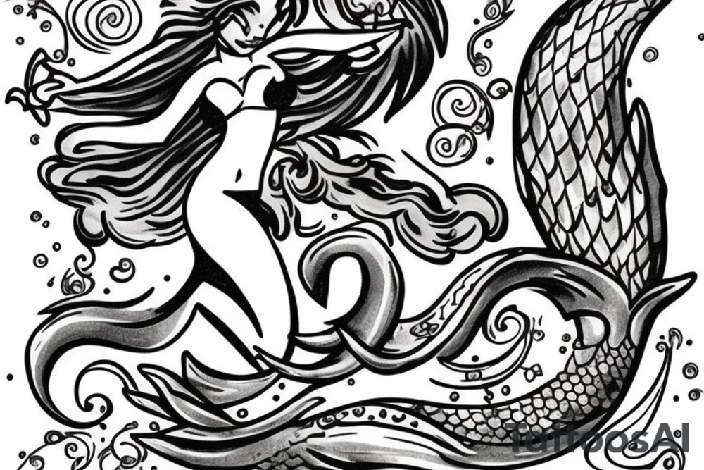 Mermaid with trident American traditional tattoo idea
