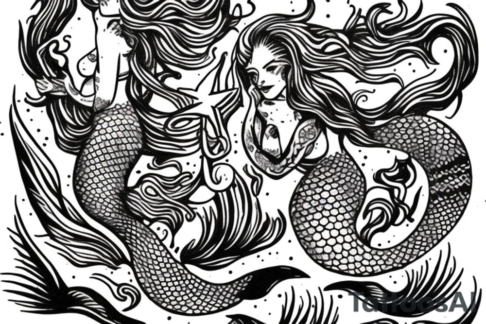 Mermaid with trident American traditional tattoo idea