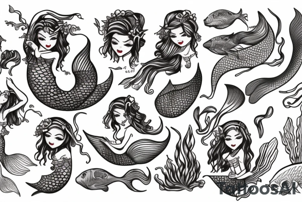 Mermaid with trident American traditional tattoo idea