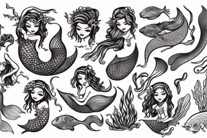 Mermaid with trident American traditional tattoo idea