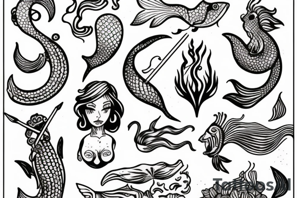 Mermaid with trident tattoo idea
