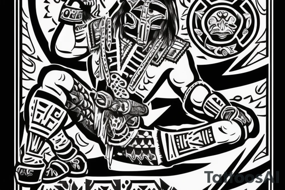 Aztec warrior kneeling at cross tattoo idea