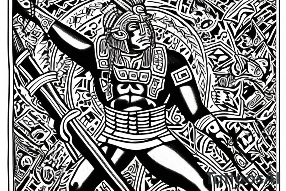 Aztec warrior bowing at Christian cross tattoo idea