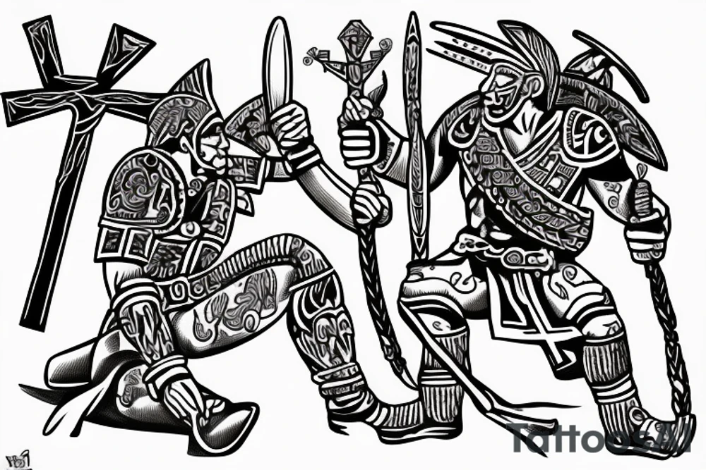 Aztec warrior bowing at Christian cross tattoo idea