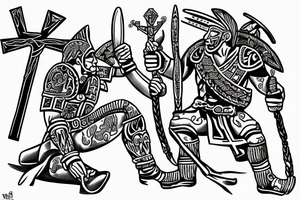 Aztec warrior bowing at Christian cross tattoo idea
