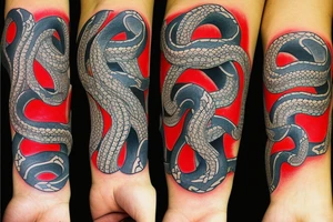 2 snakes( one black and red, one white and blue) looping around meeting at wrist( the heads have the curve of the gemini with the eye on the insides of the curve) tattoo idea