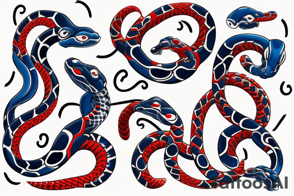 2 snakes( one black and red, one white and blue) looping around meeting at wrist( the heads have the curve of the gemini with the eye on the insides of the curve) tattoo idea