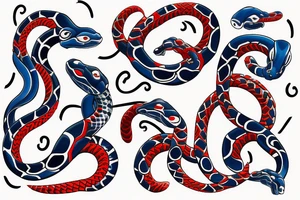 2 snakes( one black and red, one white and blue) looping around meeting at wrist( the heads have the curve of the gemini with the eye on the insides of the curve) tattoo idea