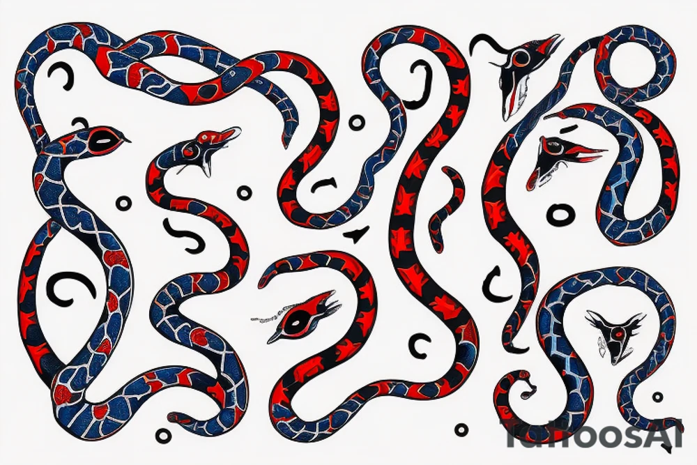 2 snakes( one black and red, one white and blue) looping around meeting at wrist( the heads have the curve of the gemini with the eye on the insides of the curve) in a double helix tattoo idea