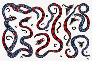 2 snakes( one black and red, one white and blue) looping around meeting at wrist( the heads have the curve of the gemini with the eye on the insides of the curve) in a double helix tattoo idea