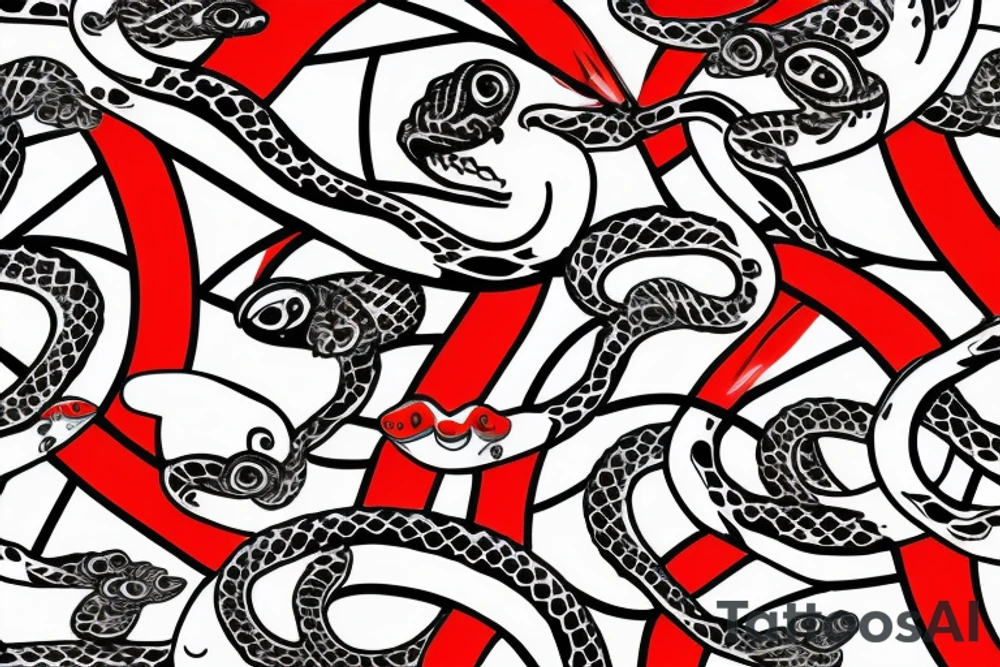 2 snakes( one black and red, one white and blue) looping around meeting at wrist( the heads have the curve of the gemini with the eye on the insides of the curve) in a double helix tattoo idea