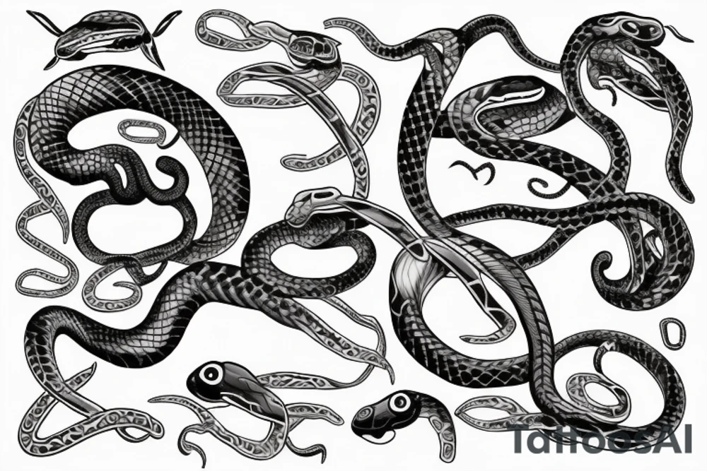 2 snakes( one black and red, one white and blue) looping around meeting at wrist( the heads have the curve of the gemini with the eye on the insides of the curve) in a double helix tattoo idea