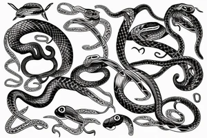 2 snakes( one black and red, one white and blue) looping around meeting at wrist( the heads have the curve of the gemini with the eye on the insides of the curve) in a double helix tattoo idea