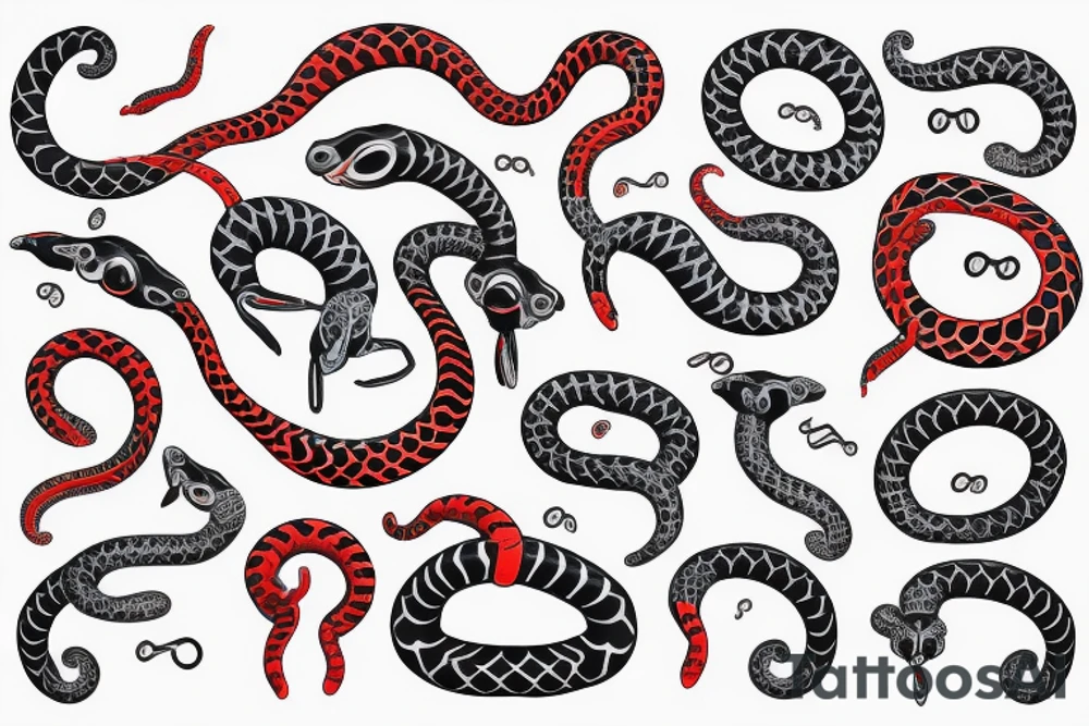 2 snakes( one black and red, one white and blue) looping around meeting at wrist( the heads have the curve of the gemini with the eye on the insides of the curve) in a double helix tattoo idea