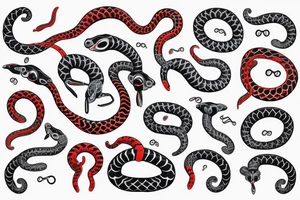 2 snakes( one black and red, one white and blue) looping around meeting at wrist( the heads have the curve of the gemini with the eye on the insides of the curve) in a double helix tattoo idea