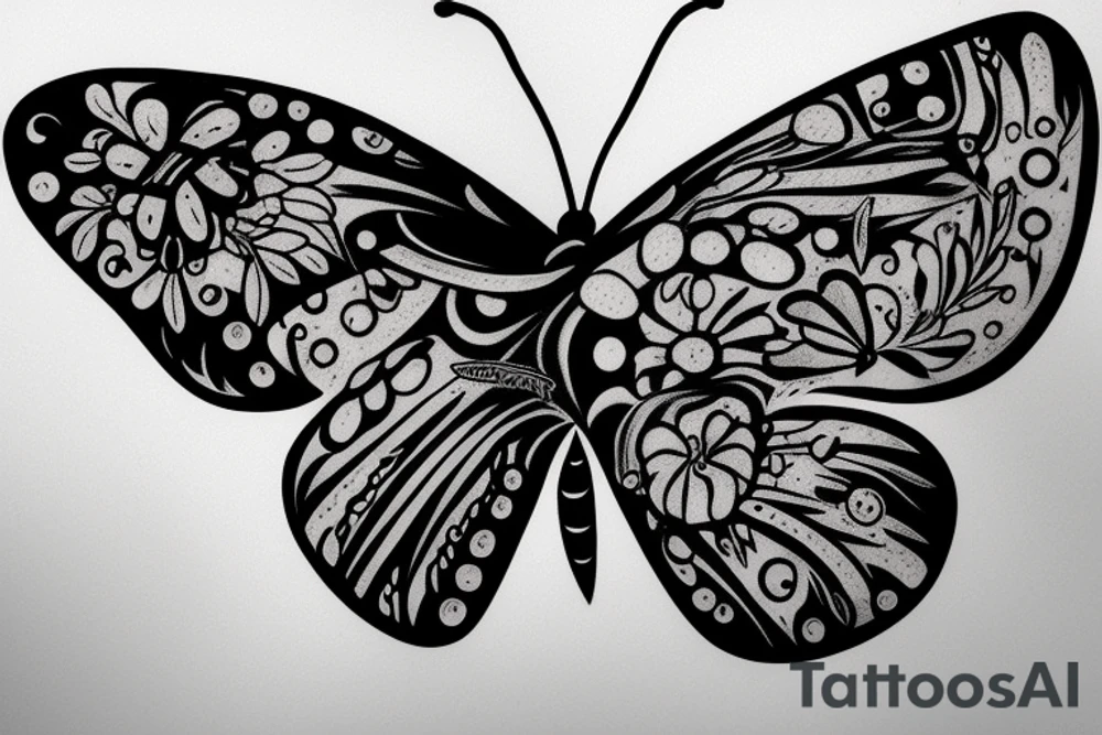 black bottom of semi colon then the Dot on top breaking into small butterfly’s( multi colors) getting bigger leading up my arm to my elbow tattoo idea
