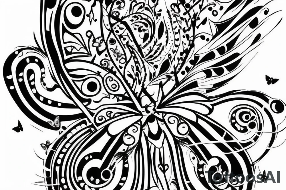black bottom of semi colon then the Dot on top breaking into small butterfly’s( multi colors) getting bigger leading up my arm to my elbow tattoo idea