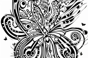 black bottom of semi colon then the Dot on top breaking into small butterfly’s( multi colors) getting bigger leading up my arm to my elbow tattoo idea