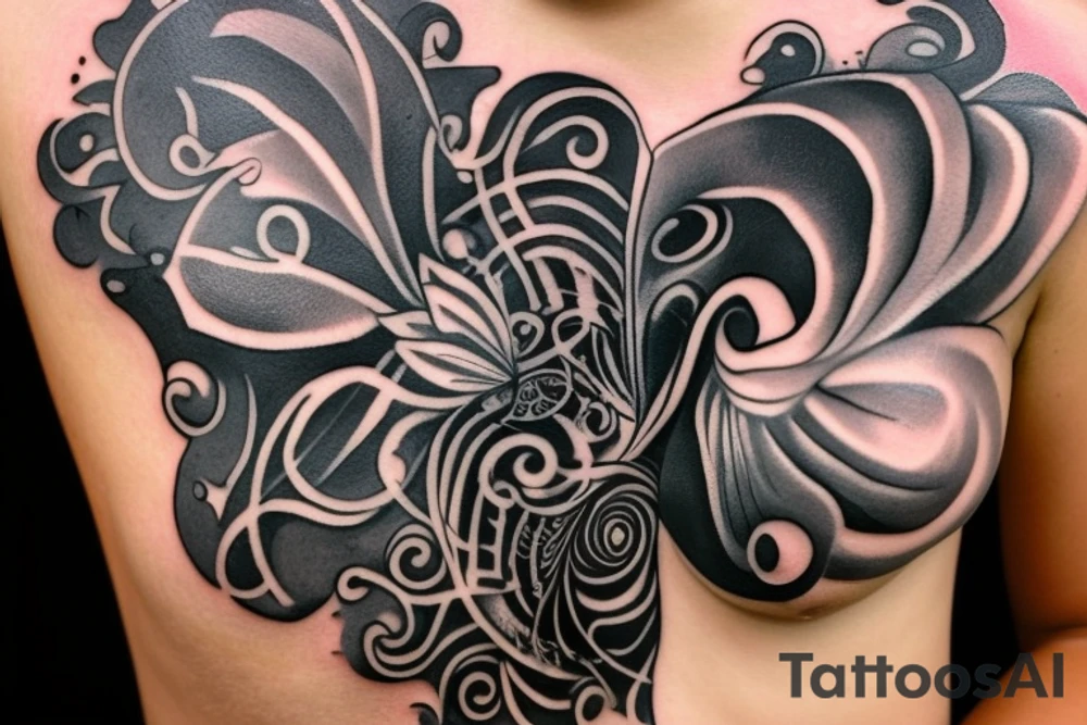 Create a fluid and whimsical black and gray tattoo design that reflects Pualani's beliefs in the magic, universe, and manifestation. The tattoo should convey her strong, feminine, empowered, and free-spirited nature and be placed underneath her left breast or around her ankle. Please incorporate elements of travel, exploration, living with an open heart, and kindness into the design. Avoid cultural or spiritual affiliations and aim for an original design that captures Pualani's gypsy, bohemian, and resort/vacation wear style." tattoo idea