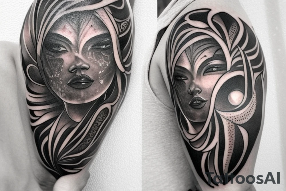Create a fluid and whimsical black and gray tattoo design that reflects Pualani's beliefs in the magic, universe, and manifestation. The tattoo should convey her strong, feminine, empowered, and free-spirited nature and be placed underneath her left breast or around her ankle. Please incorporate elements of travel, exploration, living with an open heart, and kindness into the design. Avoid cultural or spiritual affiliations and aim for an original design that captures Pualani's gypsy, bohemian, and resort/vacation wear style." tattoo idea