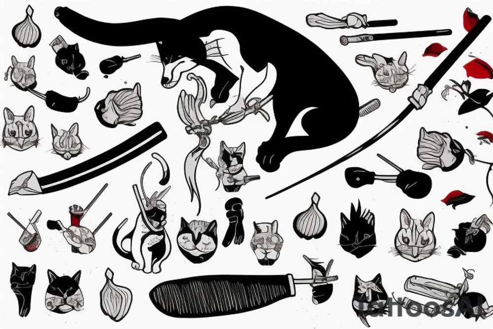 Cat with a samurai sword, cutting a giant garlic glove tattoo idea