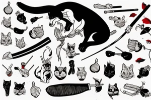 Cat with a samurai sword, cutting a giant garlic glove tattoo idea