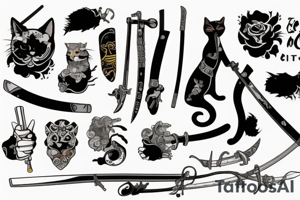 Cat with a samurai sword, cutting a giant garlic glove tattoo idea