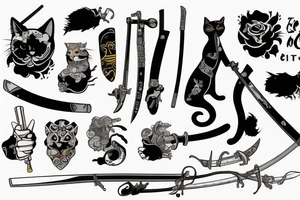 Cat with a samurai sword, cutting a giant garlic glove tattoo idea