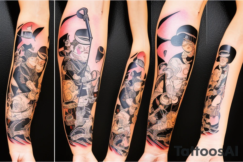 Cat with a samurai sword, cutting a giant garlic glove tattoo idea