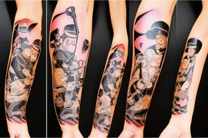 Cat with a samurai sword, cutting a giant garlic glove tattoo idea