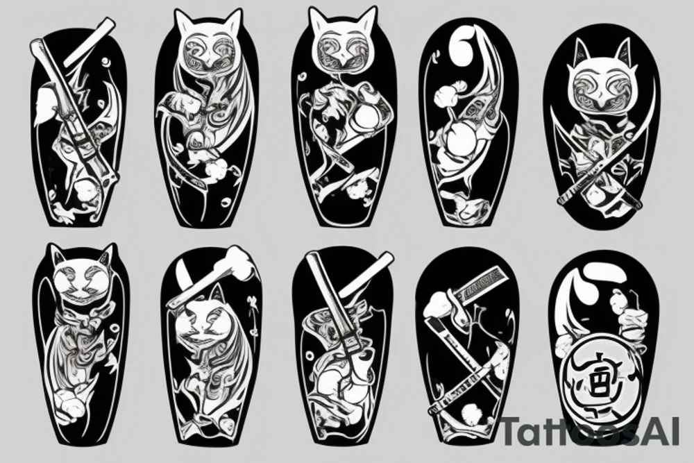 Cat with a samurai sword, cutting a giant garlic glove tattoo idea