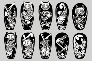 Cat with a samurai sword, cutting a giant garlic glove tattoo idea