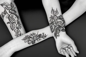 Black and white tattoo with vines wrapped around wrist incorporated with poppy flowers and lace going down to finger tips tattoo idea