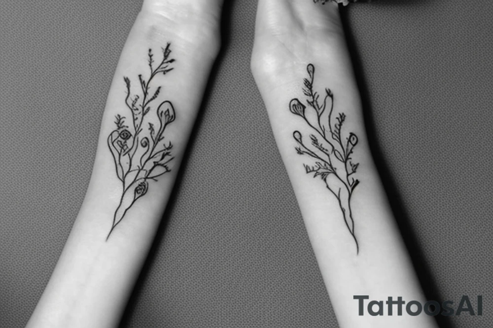 Black and white tattoo with vines wrapped around wrist incorporated with poppy flowers and lace going down to finger tips tattoo idea
