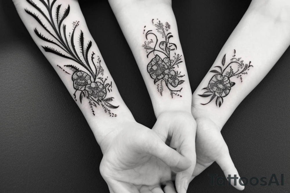 Black and white tattoo with vines wrapped around arm incorporated with poppy flowers and lace going down to finger tips bracelet tattoo idea