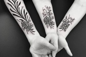 Black and white tattoo with vines wrapped around arm incorporated with poppy flowers and lace going down to finger tips bracelet tattoo idea