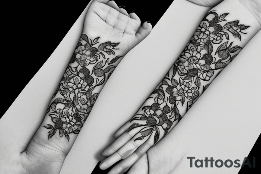 Black and white tattoo with vines wrapped around arm incorporated with poppy flowers and lace going down to finger tips bracelet tattoo idea