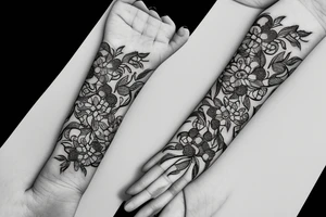 Black and white tattoo with vines wrapped around arm incorporated with poppy flowers and lace going down to finger tips bracelet tattoo idea