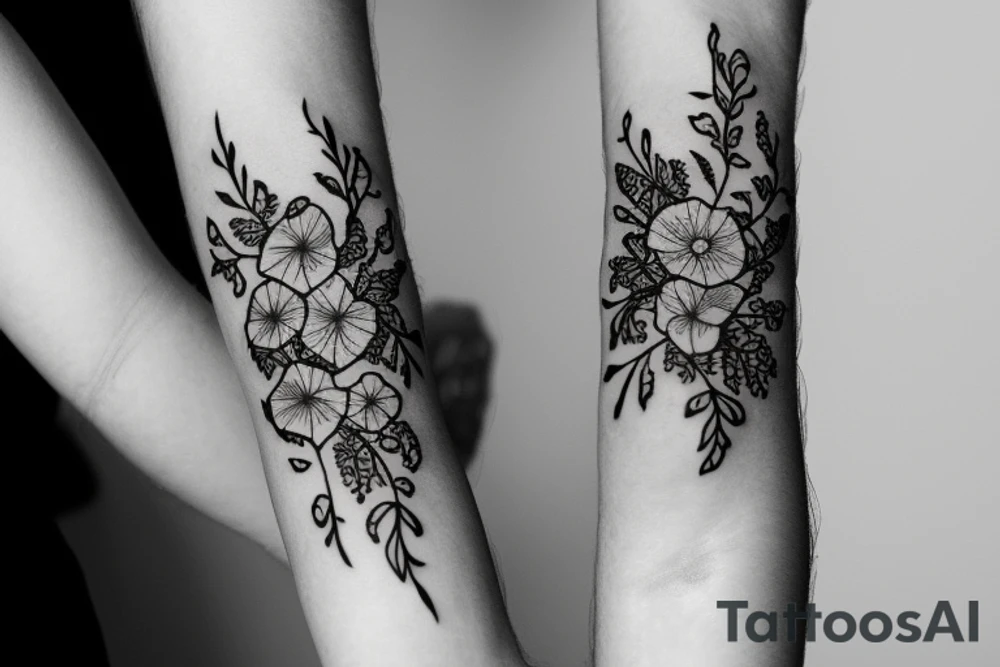 Black and white outline tattoo with vines wrapped around arm incorporated with poppy flowers and lace going down to finger tips bracelet tattoo idea
