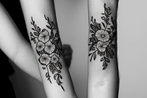 Black and white outline tattoo with vines wrapped around arm incorporated with poppy flowers and lace going down to finger tips bracelet tattoo idea