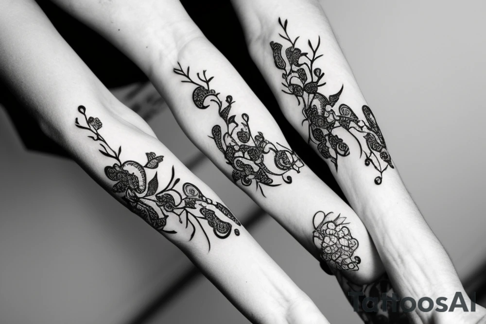 Black and white outline tattoo with vines wrapped around arm incorporated with poppy flowers and lace going down to finger tips bracelet tattoo idea