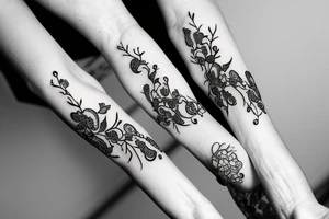 Black and white outline tattoo with vines wrapped around arm incorporated with poppy flowers and lace going down to finger tips bracelet tattoo idea