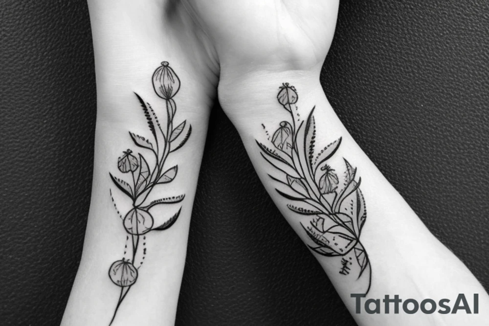 Black and white outline tattoo with vines wrapped around arm incorporated with poppy flowers, Heather flower, and lace going down to finger tips bracelet tattoo idea