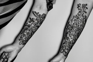 Black and white outline tattoo with vines wrapped around arm incorporated with poppy flowers, Heather flower, and lace going down to finger tips bracelet tattoo idea