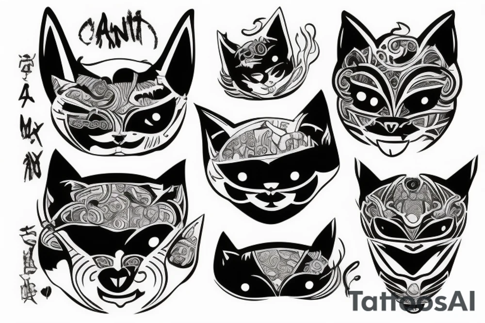 oni mask cracked in half but its a cat tattoo idea