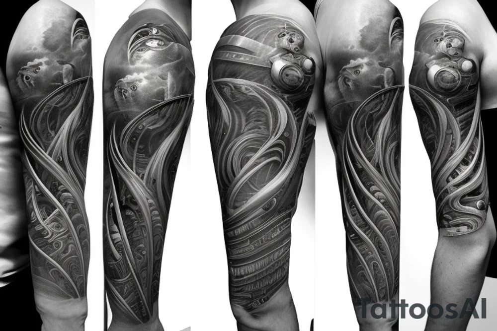 four dimensional warped spacetime tattoo with wormhole. Alien UFO that blends into space in same geometric style tattoo idea