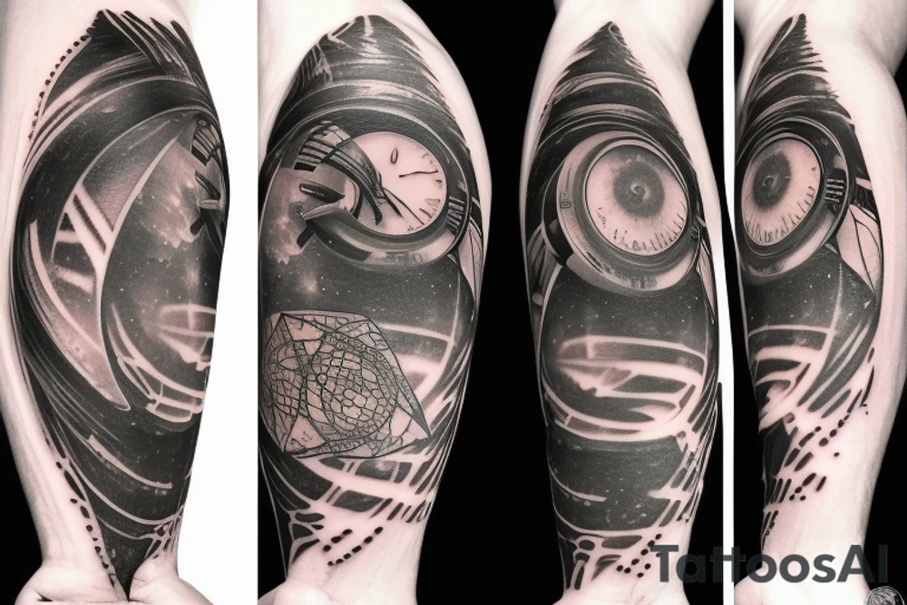 four dimensional warped spacetime tattoo with wormhole. Alien UFO that blends into space in same geometric style tattoo idea