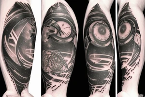 four dimensional warped spacetime tattoo with wormhole. Alien UFO that blends into space in same geometric style tattoo idea